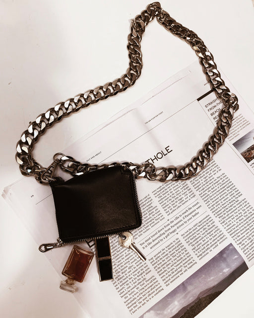 Womens mini handbag of black leather with a chunky silver chain