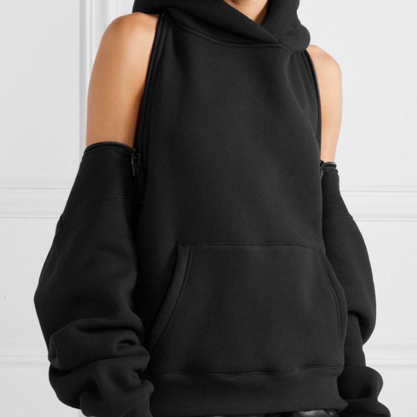 oversized black womens hoodie streetwear inspired with off shoulder and back zippers